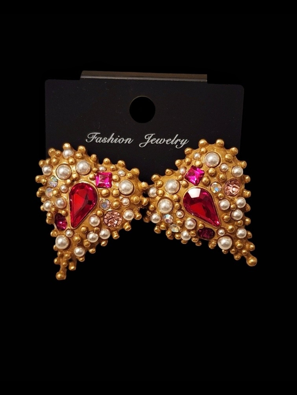 Gold Plated Heart Earrings With Red Gem And Faux Pearl Accents - Picture 3 of 4